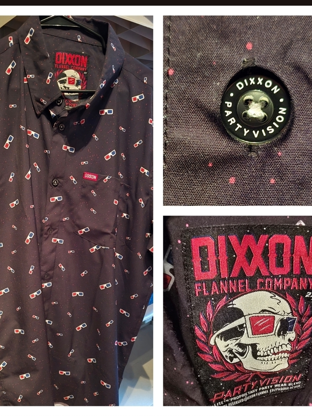 DIXXON Party Vision Black Button-Up Shirt with Red,Blue, And White 3D Glasses